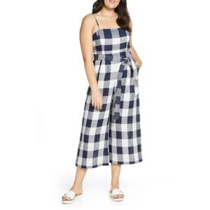 J.CREW Gingham Beauchamps Linen Spaghetti Strap Jumpsuit In Navy Ivory